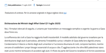Gaza, i Ministri degli Esteri di 28 Paesi – tra cui l’Italia – chiedono la fine immediata della guerra