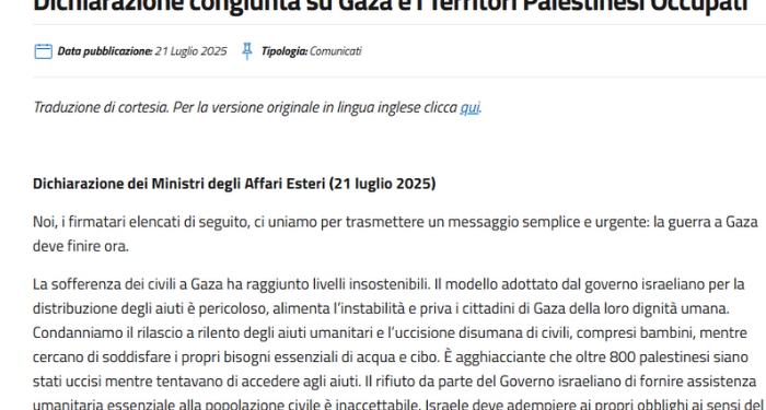 Gaza, i Ministri degli Esteri di 28 Paesi – tra cui l’Italia – chiedono la fine immediata della guerra